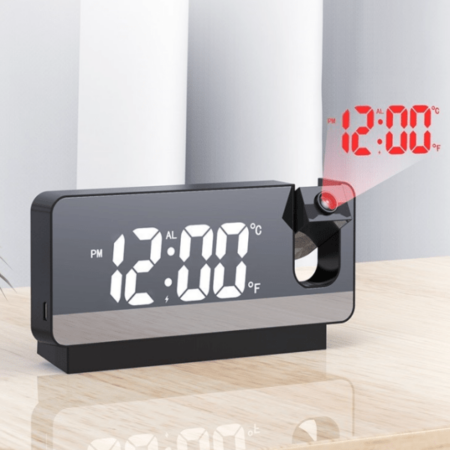 Ρολόι με προτζέκτορά προβολής ώρας LED με επιφάνεια καθρέφτη μαύρο S282A